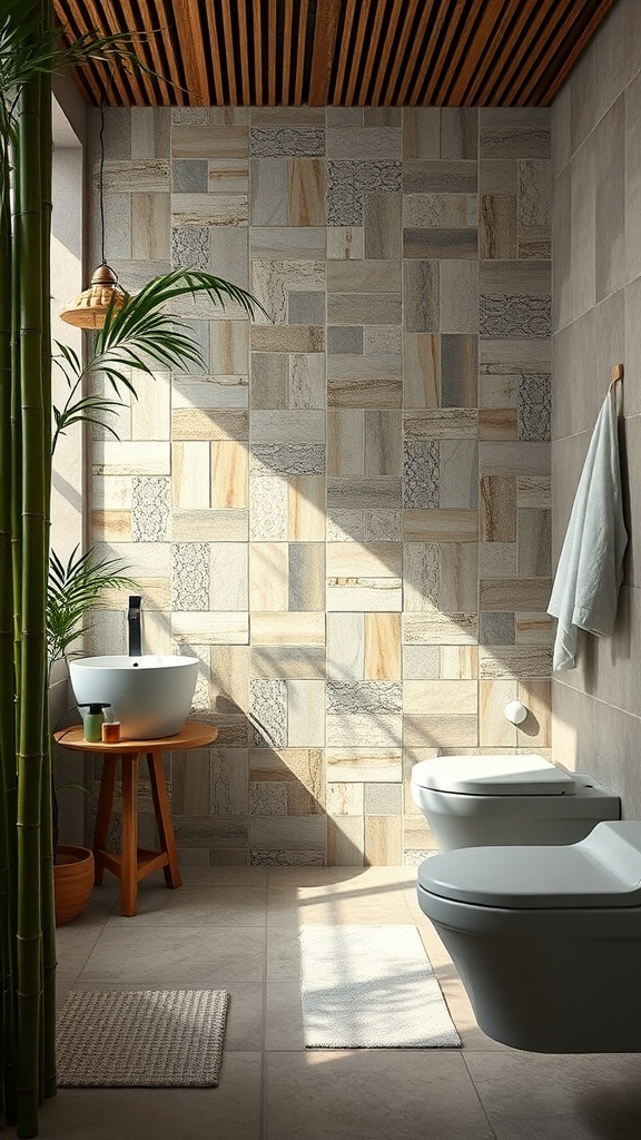 A modern bathroom featuring natural materials like wood and stone, with plants and eco-friendly fixtures.