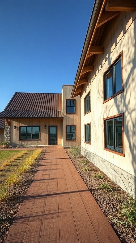 Exterior view of a modern farmhouse with sustainable building materials.
