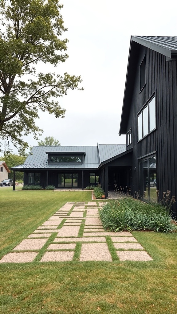 A black modern farmhouse with a stylish pathway and green landscaping.