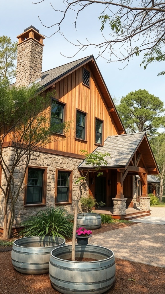 A rustic house exterior featuring wood and stone materials.