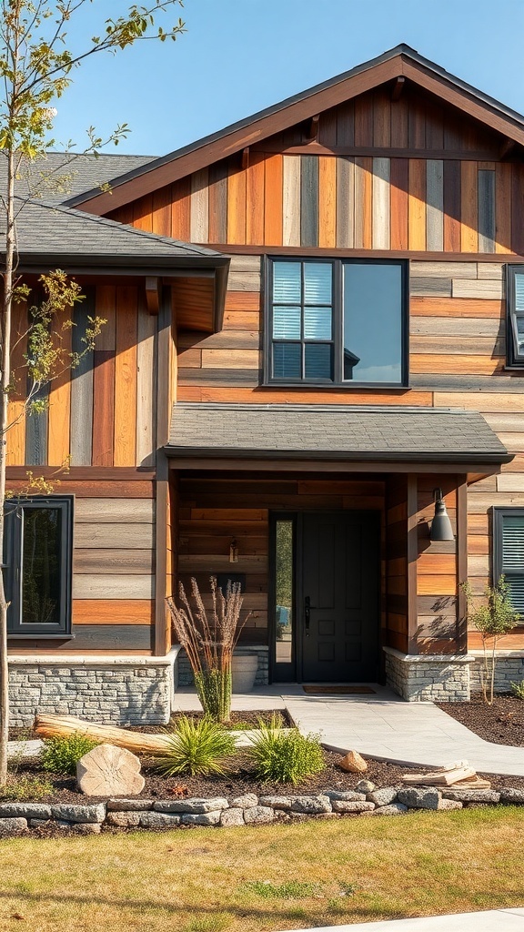 Exterior view of a modern rustic house featuring reclaimed wood and stone.