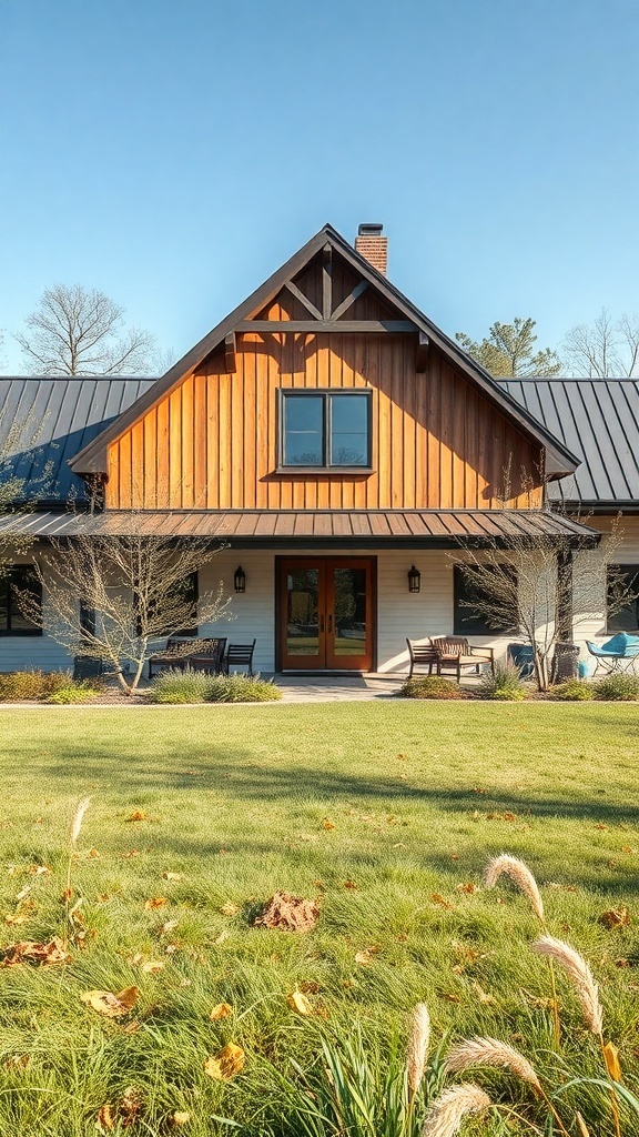Exterior view of a rustic modern farmhouse with wood and metal elements.