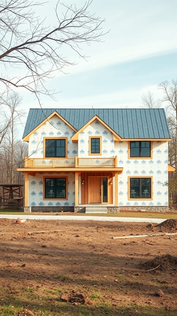 A modern farmhouse under construction with a focus on sustainable building practices.