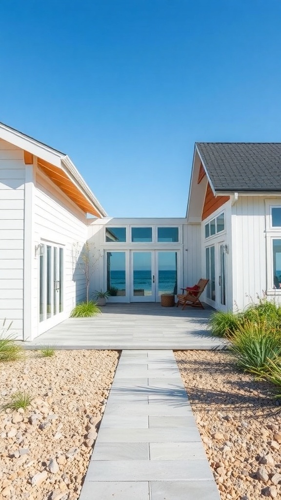 Modern coastal farmhouse with a clear blue sky and a welcoming entrance.