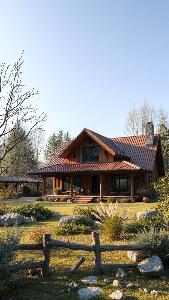 A rustic house surrounded by greenery and a wooden fence.
