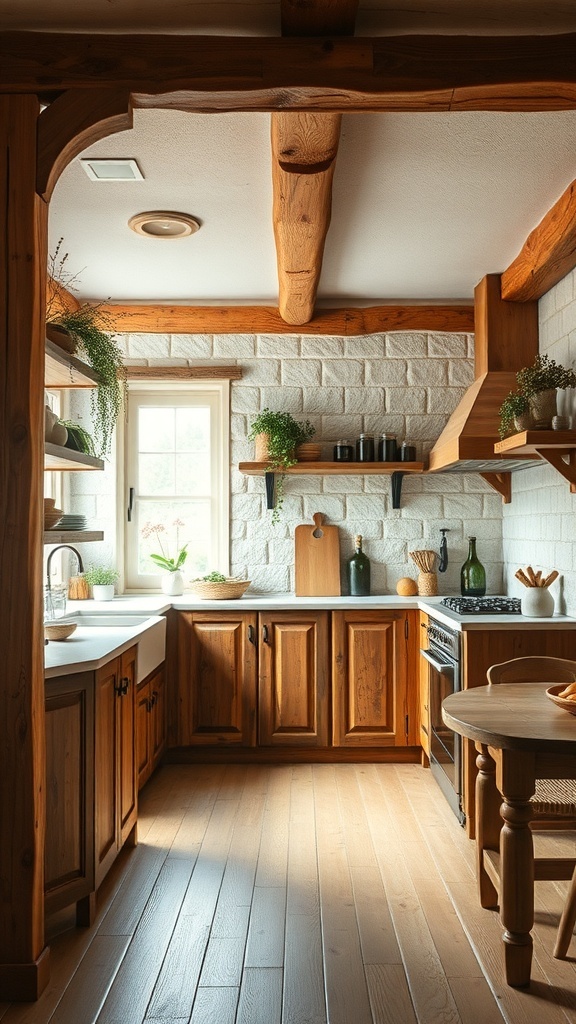 A rustic kitchen featuring wooden cabinets and natural decor.