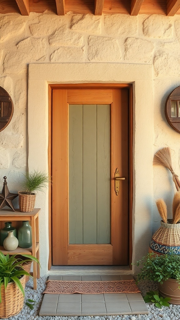 A rustic wooden door with a green panel, surrounded by plants and decorative items.
