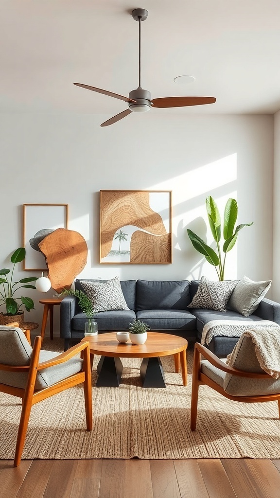 A bright and airy living room with wooden ceiling, modern furniture, and plants.