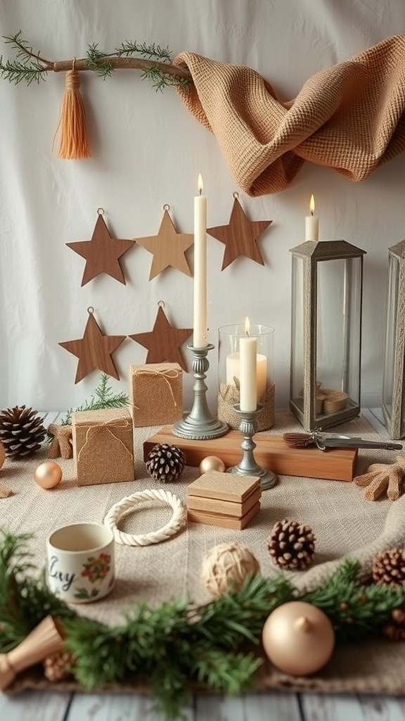 Boho Christmas decor featuring natural elements like wood, candles, and pinecones.