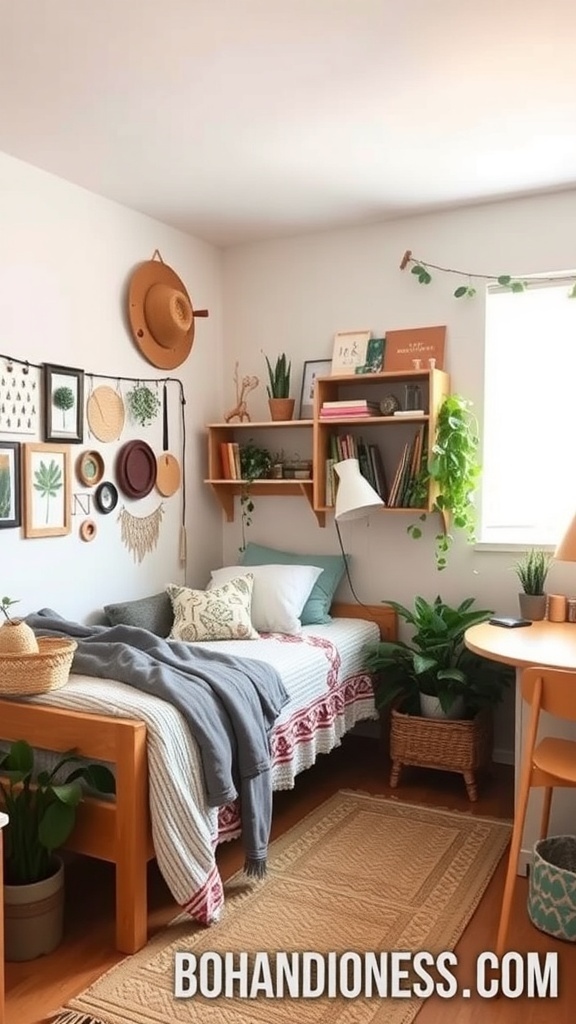 A cozy boho dorm room featuring wooden furniture, plants, and decorative wall art.