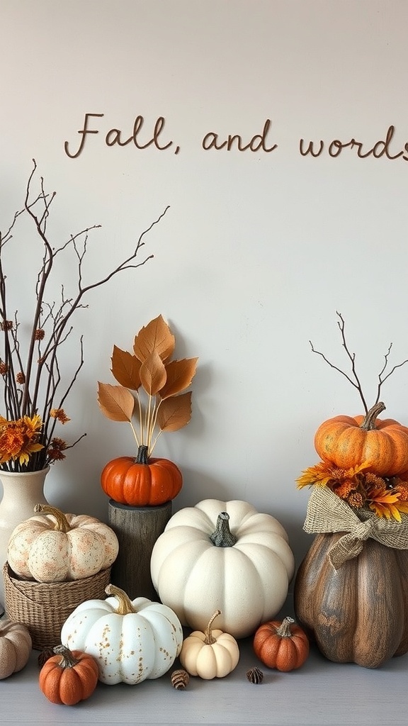 Minimalist fall decor featuring pumpkins and dried leaves