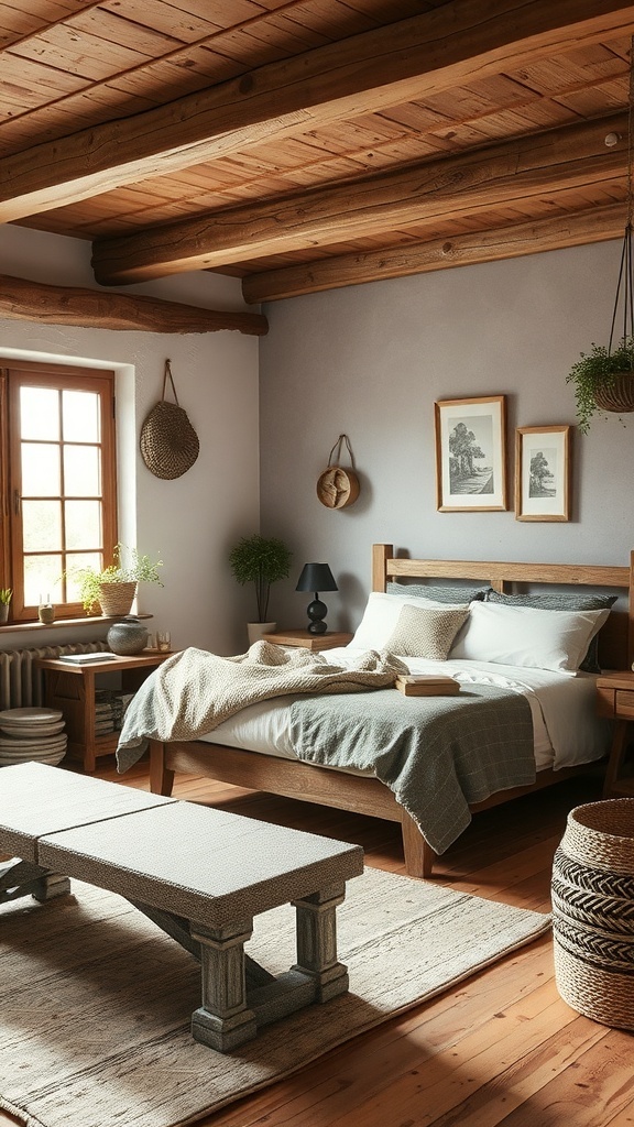 A rustic bedroom featuring wooden beams, a wooden bed, and natural decor elements.