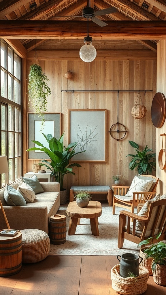 A cozy rustic chic living room featuring wooden walls, plants, and natural decor.