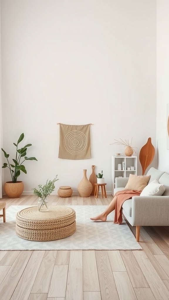 A soft neutral living space with natural decor elements.