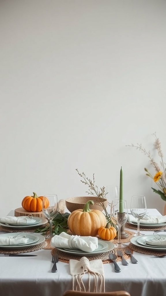 A modern Thanksgiving table setting featuring pumpkins, greenery, and elegant tableware.
