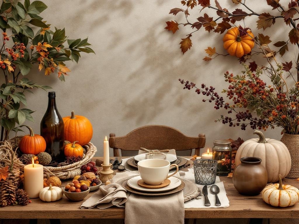 A beautifully arranged Thanksgiving table with pumpkins, candles, and natural decor elements.