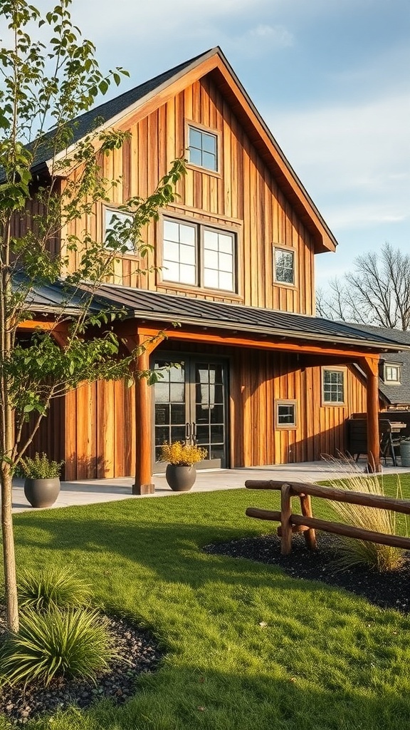 A modern farmhouse with wooden exterior and green landscaping.
