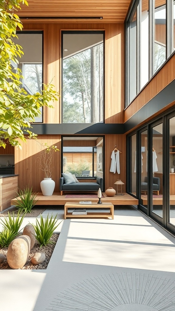 A modern rustic interior with large windows, wooden walls, and plants.