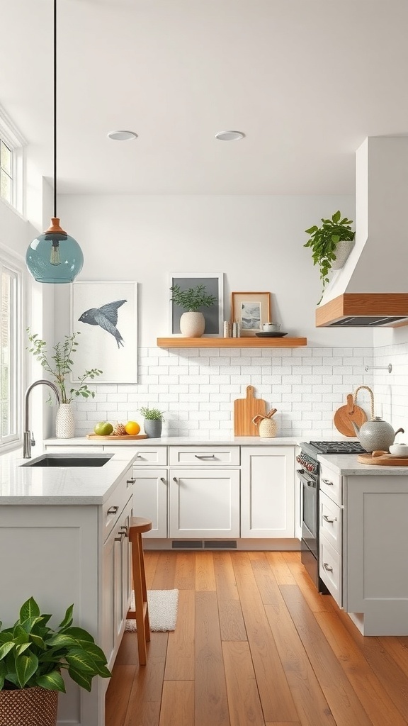 A modern farmhouse kitchen featuring white cabinetry, wooden floors, plants, and natural light.