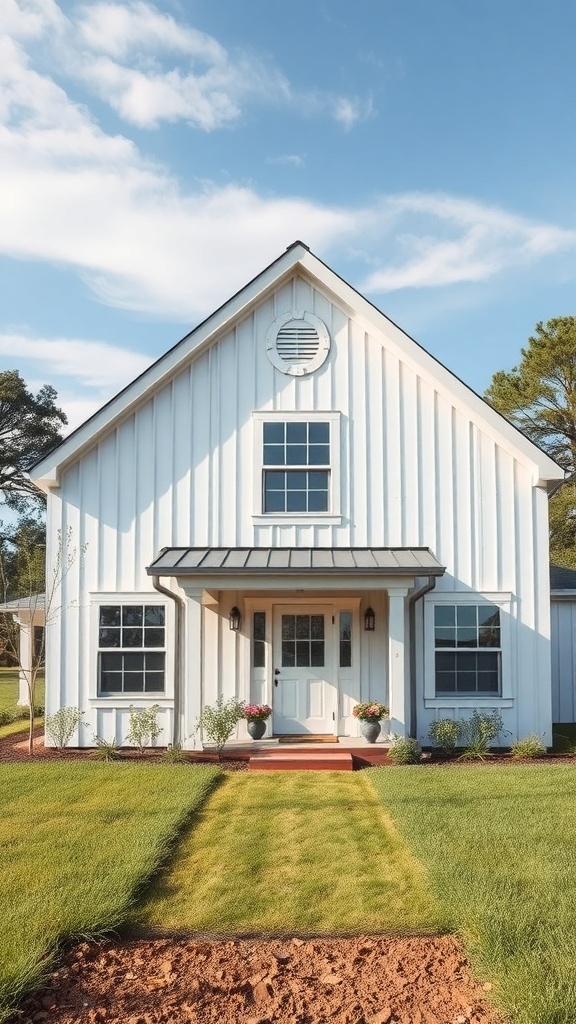 A modern farmhouse with a clean design and green landscape.
