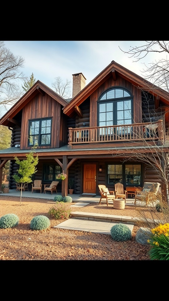 A rustic house made of wood with a cozy porch and natural landscaping.