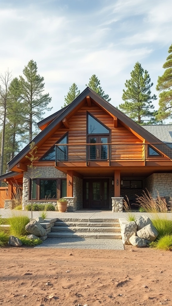 A modern rustic home featuring wood and stone elements, surrounded by trees.