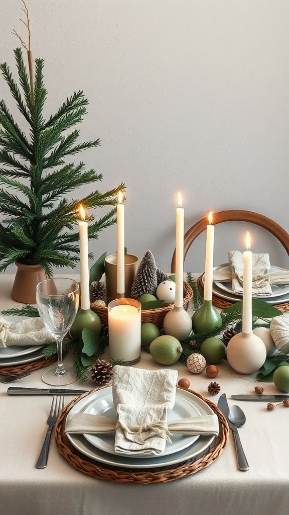 A beautifully decorated Christmas table with natural elements like greenery, candles, and pinecones.