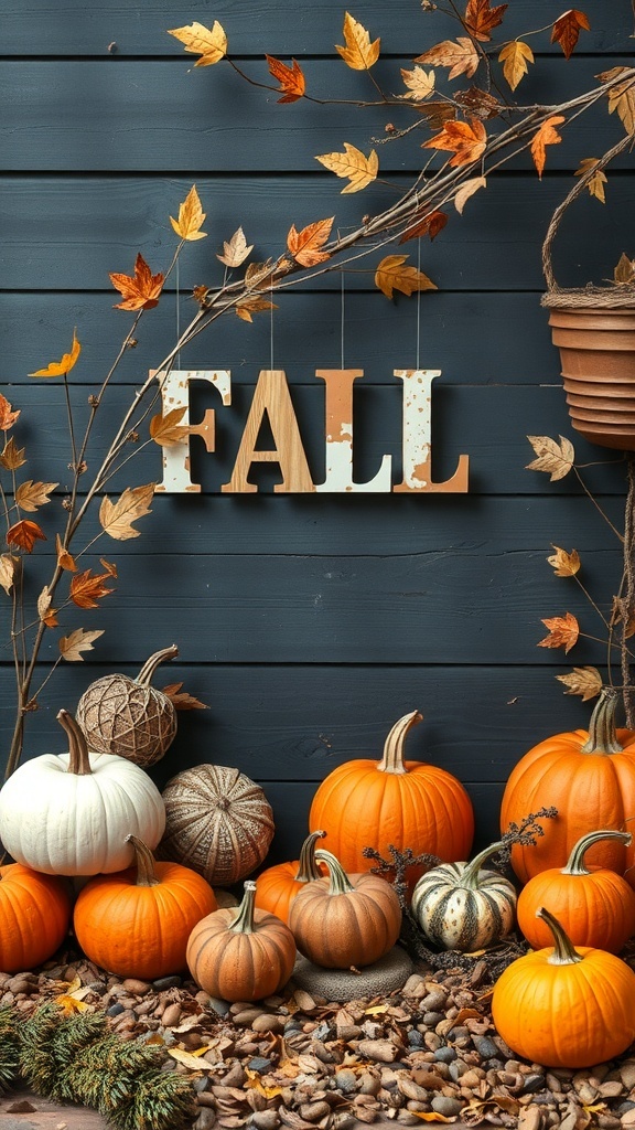 A cozy fall decor display featuring pumpkins, autumn leaves, and the word 'FALL' in wooden letters.