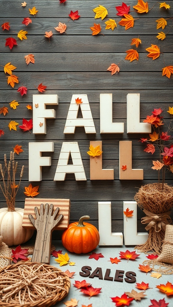 A fall-themed decor display featuring colorful leaves, pumpkins, and letters spelling 'FALL' on a wooden background.