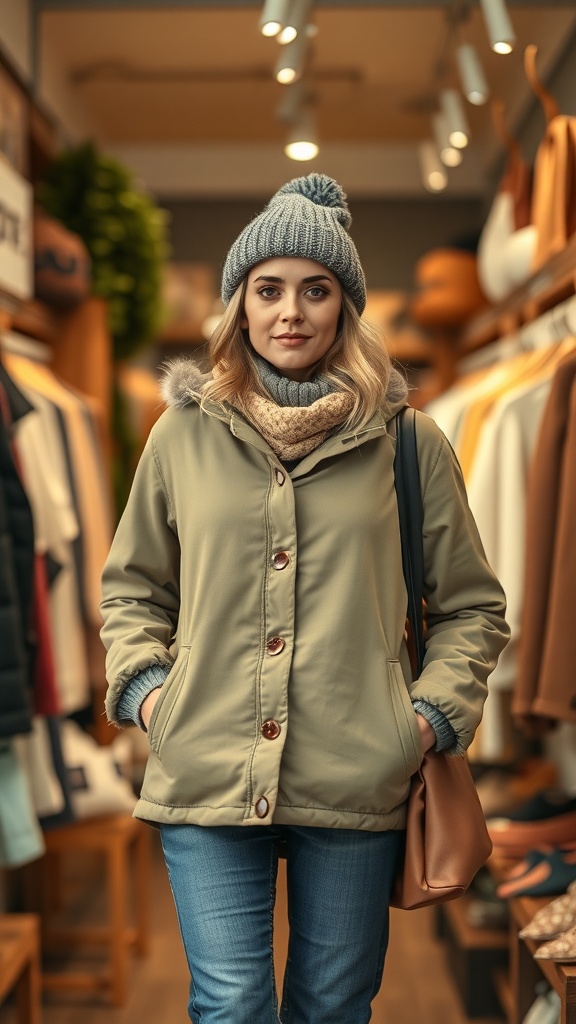 A woman wearing a cozy winter outfit with a jacket, knitted hat, and scarf, standing in a clothing store.