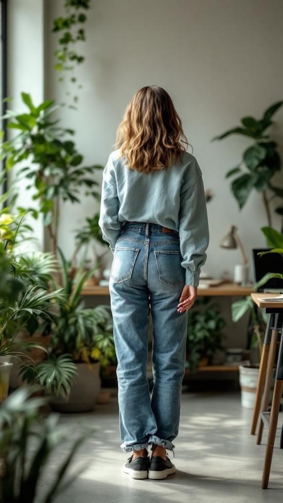 A woman wearing high-waisted jeans and a cozy top, standing in a room with plants, showcasing a sustainable fashion choice.