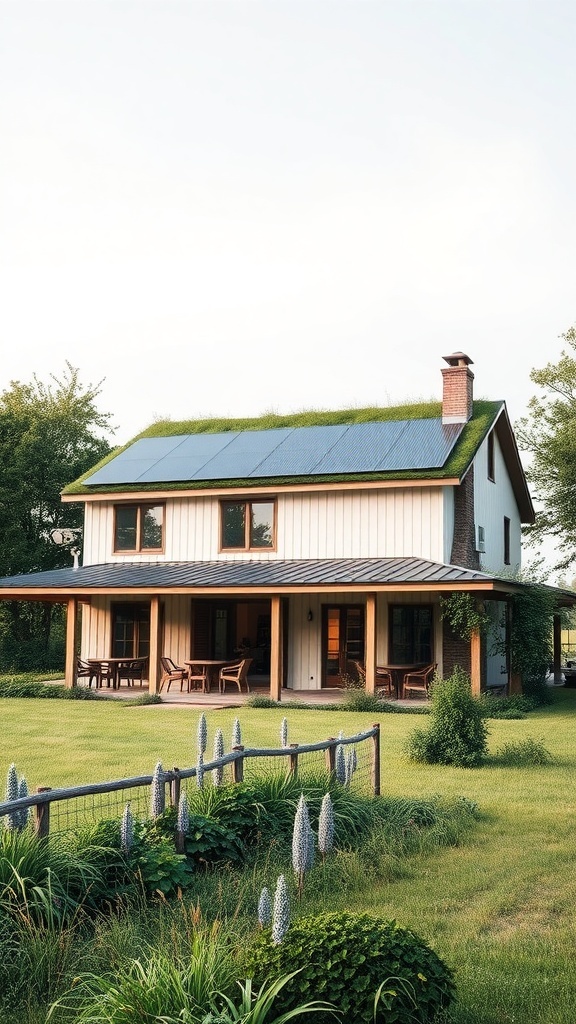 A modern farmhouse with a green roof and solar panels, surrounded by a lush lawn.