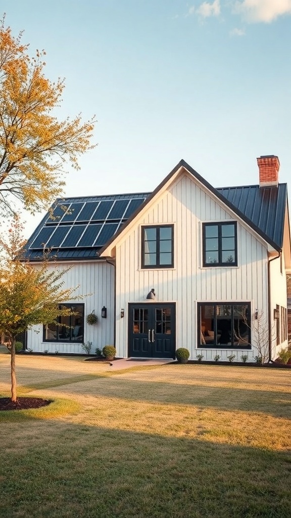 A modern farmhouse with solar panels, large windows, and a welcoming front yard.