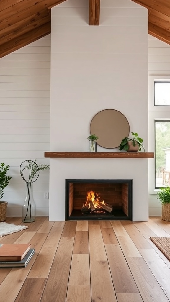 Modern farmhouse fireplace with a clean design and natural elements.