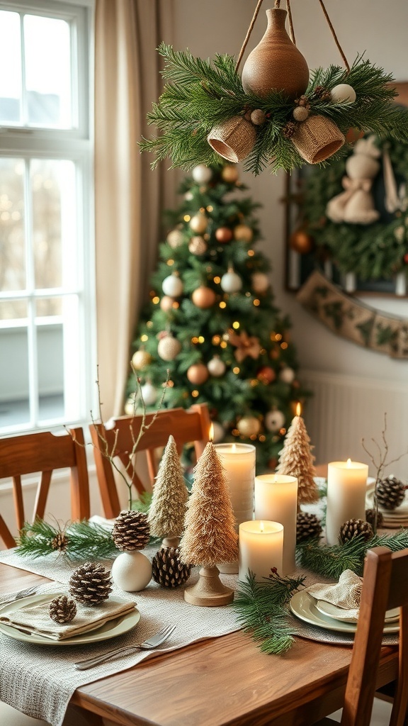 A beautifully decorated Christmas dining room with a table set for the holiday season, featuring natural elements and candles.