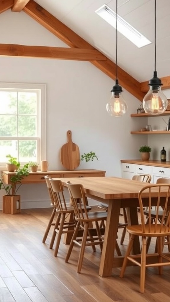 A modern farmhouse dining area with wooden furniture and sustainable lighting fixtures.