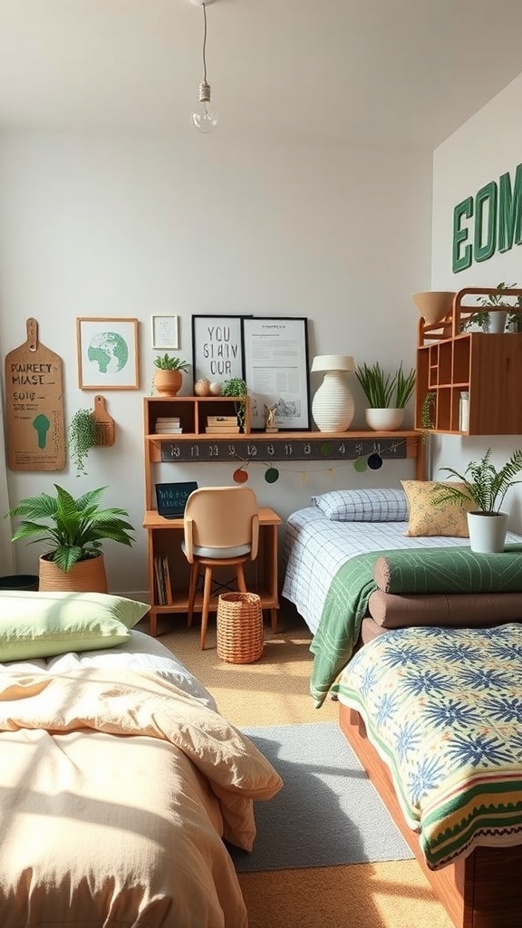 A cozy dorm room with two beds, plants, and sustainable decor.