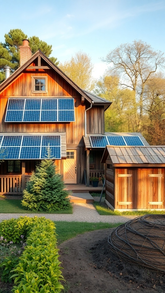 A rustic farmhouse with solar panels and a green garden.
