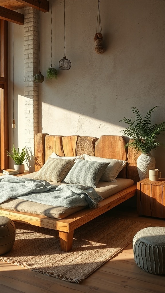 A rustic bedroom featuring a wooden bed, cozy blankets, and natural decor.