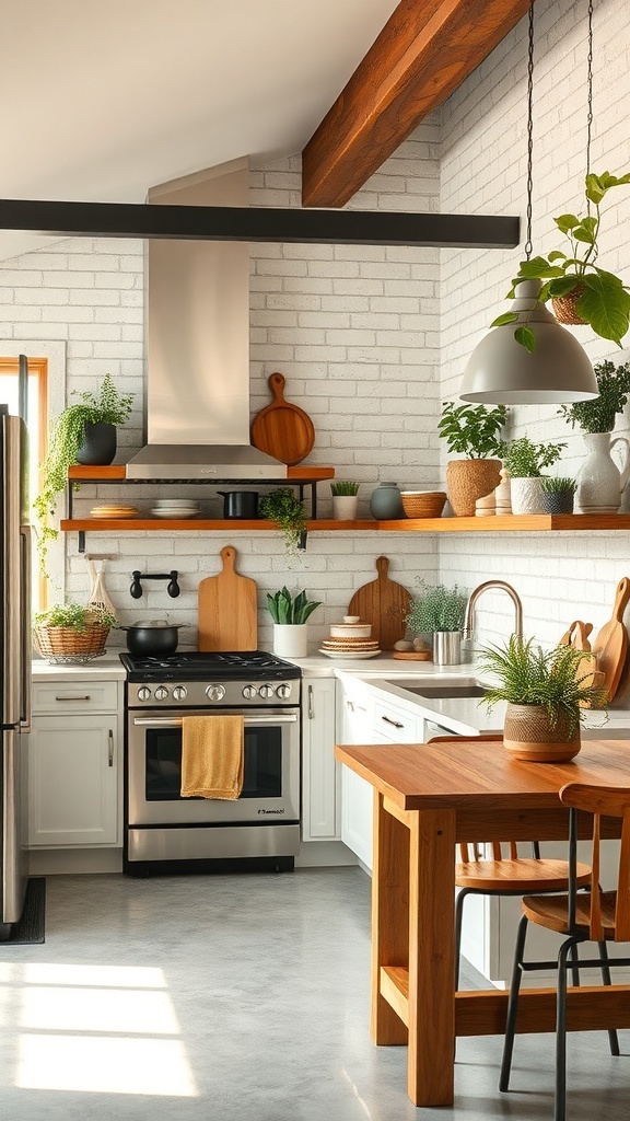 A bright industrial farmhouse kitchen featuring wooden shelves, plants, and modern appliances.