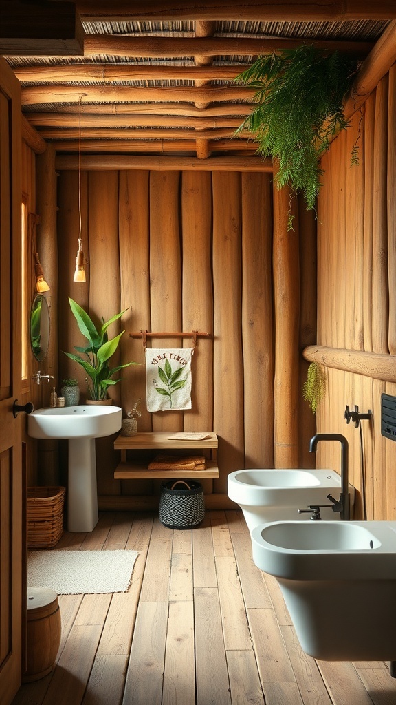A rustic boho bathroom featuring wooden walls, a simple sink, and plants.