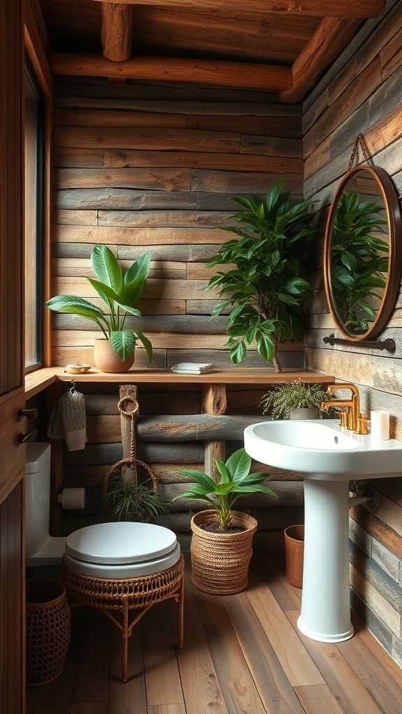 A rustic bathroom with wooden walls, plants, and a white sink.