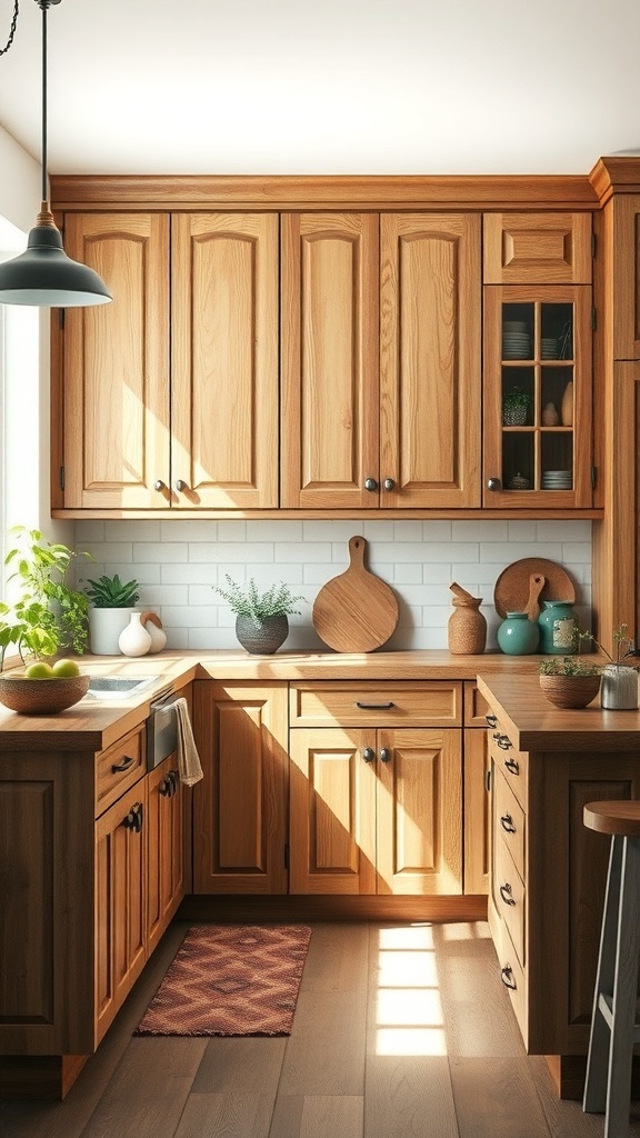 A cozy farmhouse kitchen with wooden cabinets and natural light.