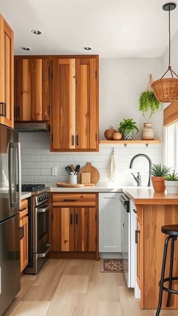 A cozy tiny farmhouse kitchen featuring natural wood cabinets, a white countertop, and green plants.