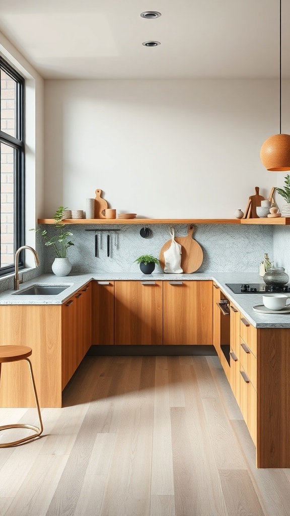 Modern kitchen with wooden cabinets and eco-friendly design elements.