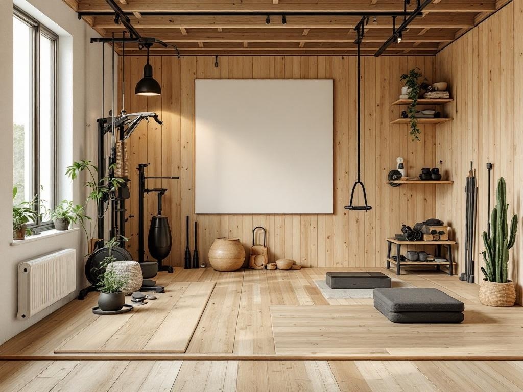 A modern home gym with wooden walls, plants, and fitness equipment.