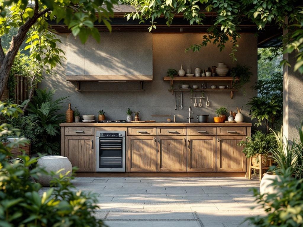 A sustainable backyard kitchen made of wood and stone, surrounded by plants.