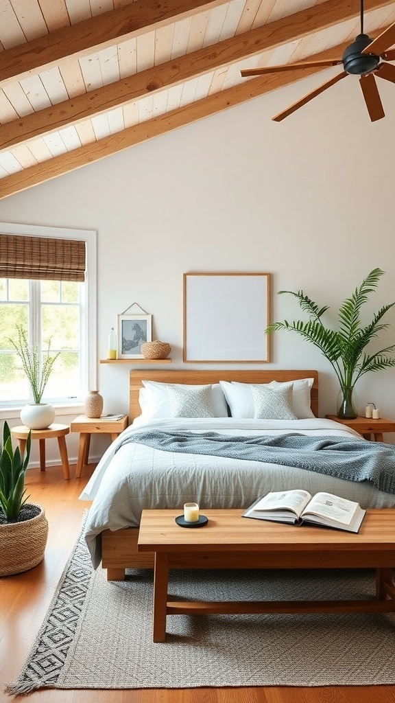 A modern farmhouse bedroom featuring sustainable materials like wood and plants.
