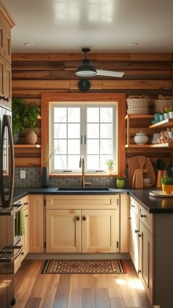 A cozy farmhouse kitchen with wooden cabinets, a modern sink, and natural light.