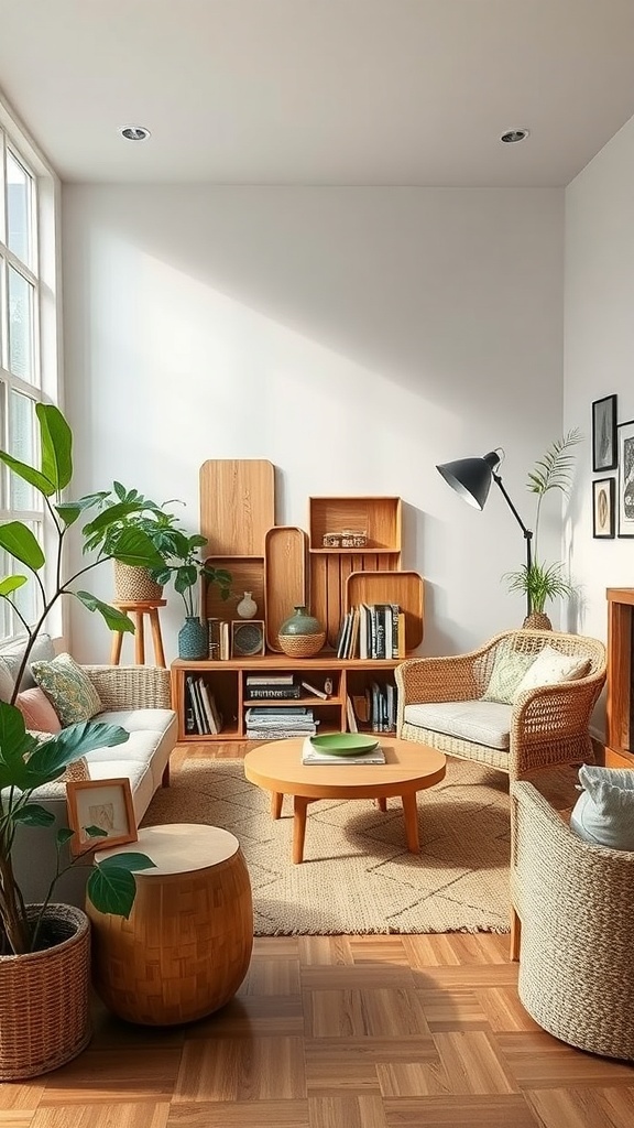 A modern living room featuring sustainable materials, with wooden furniture and plants.